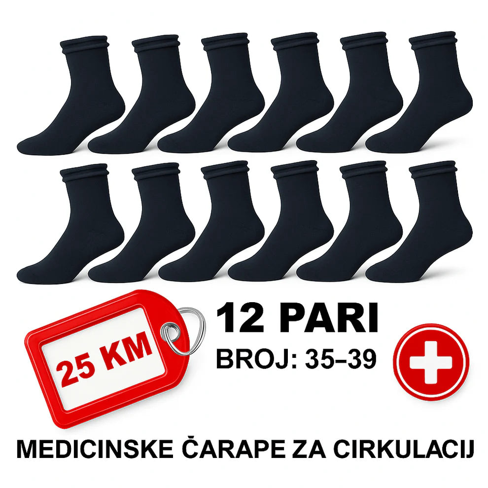 12 Pari Pamučnih Medicinskih Čarapa bez Gumice