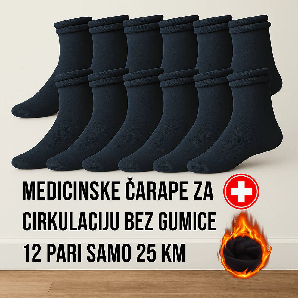12 Pari Pamučnih Medicinskih Čarapa bez Gumice