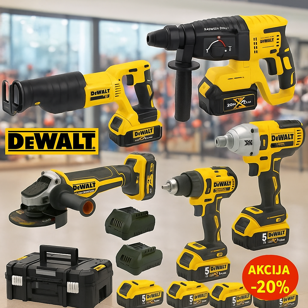 DEWALT 5 u 1 – SUPER SET + 4 VELIKE BATERIJE + 2 BRZA PUNJAČA