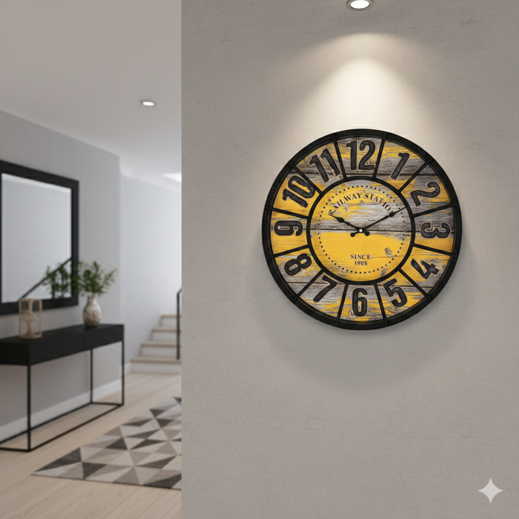 ⏱️ DEKORATIVNI ZIDNI SAT 50 CM – CRNI RUB / ŽUTA UNUTRAŠNJOST ⏱️