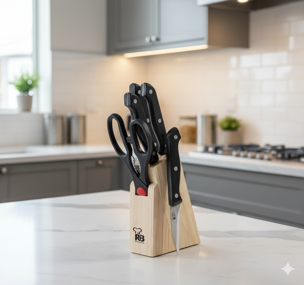 🔪 SET KUHINJSKIH NOŽEVA SA MAKAZAMA – DRVENI STALAK