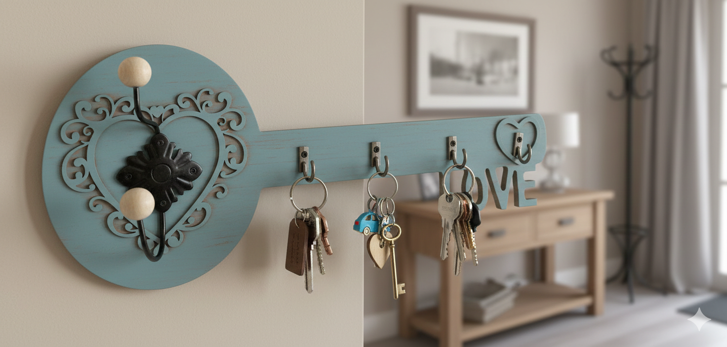 🔑 DRVENI DRŽAČ ZA KLJUČEVE I VJEŠALICA U OBLIKU KLJUČA – 40×20 cm