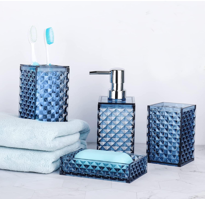 🛁 4u1 SET ZA KUPATILO – PLAVI DIJAMANT DIZAJN (DOZATOR + DRŽAČ + ČAŠA + SAPUNICA)