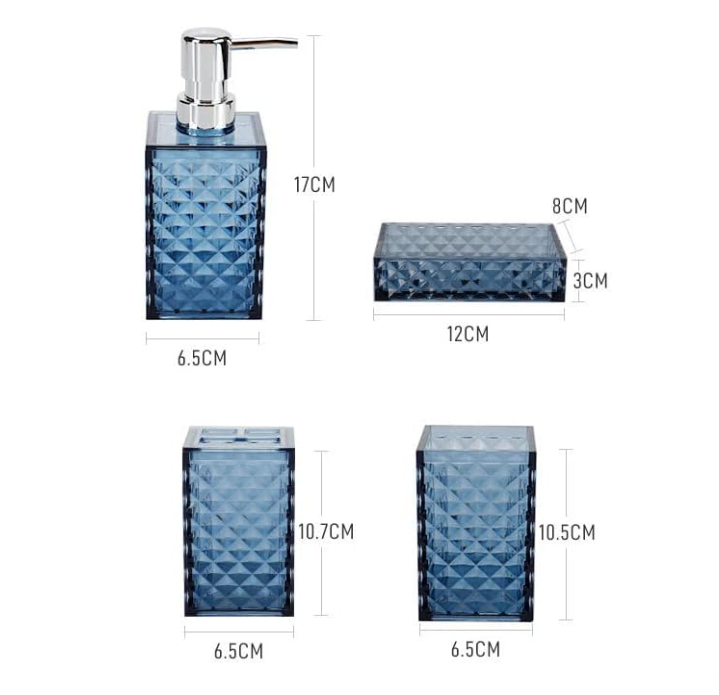 🛁 4u1 SET ZA KUPATILO – PLAVI DIJAMANT DIZAJN (DOZATOR + DRŽAČ + ČAŠA + SAPUNICA)