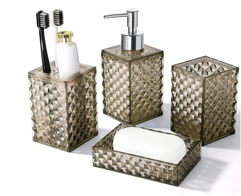 🛁 4u1 SET ZA KUPATILO – PLAVI DIJAMANT DIZAJN (DOZATOR + DRŽAČ + ČAŠA + SAPUNICA)