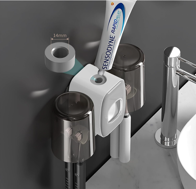 🪥 ZIDNI DRŽAČ ZA ČETKICE + DOZATOR PASTE (SET SA 2 ČAŠE)