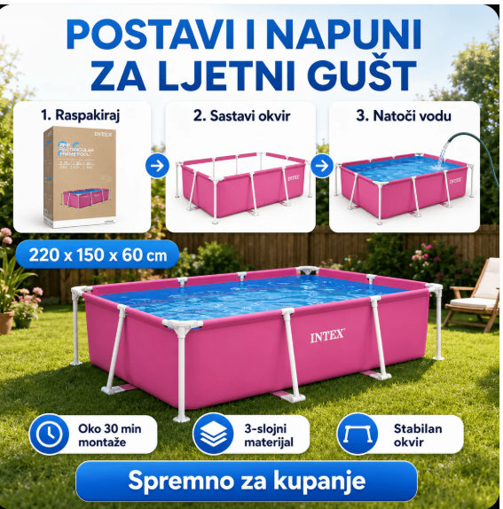 INTEX METAL FRAME BAZEN 220 x 150 x 60 cm (ROZA) 🏊♀️💖💦