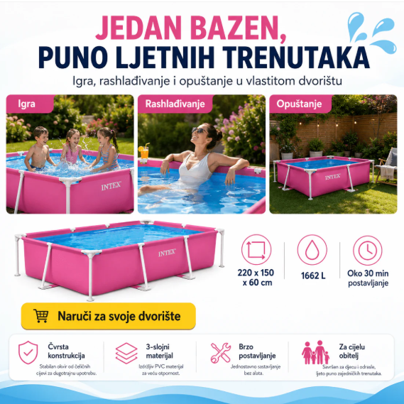 INTEX METAL FRAME BAZEN 220 x 150 x 60 cm (ROZA) 🏊♀️💖💦