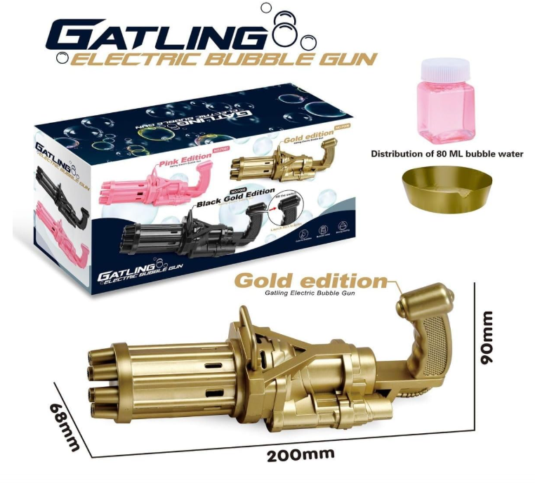 🔥 ELEKTRIČNI GATLING PIŠTOLJ ZA BALONČIĆE – 8 OTVORA, 20 CM – GOLD EDITION! 🫧✨