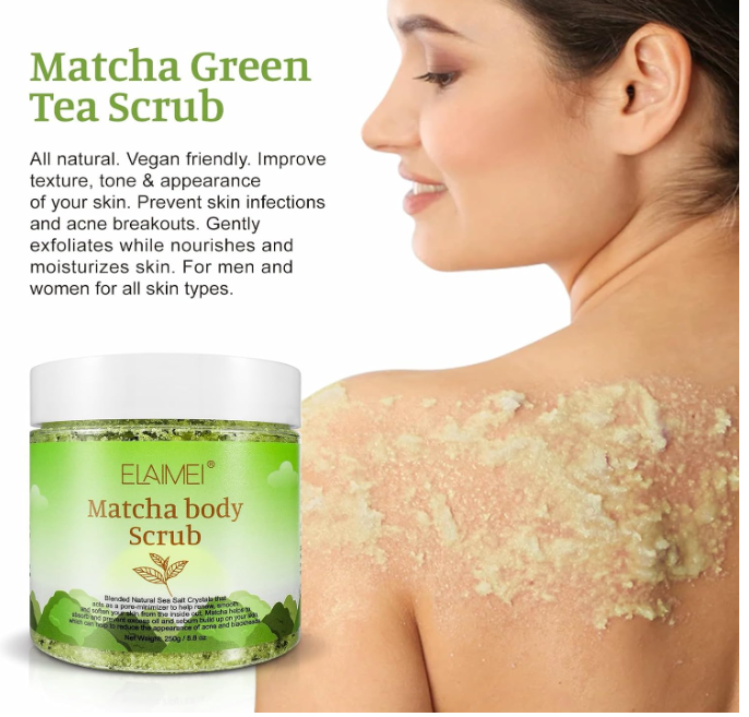 PREMIUM PILING ZA TIJELO SA MATCHA ZELENIM ČAJEM I KRISTALIMA MORSKE SOLI – 250 g! 🌿✨