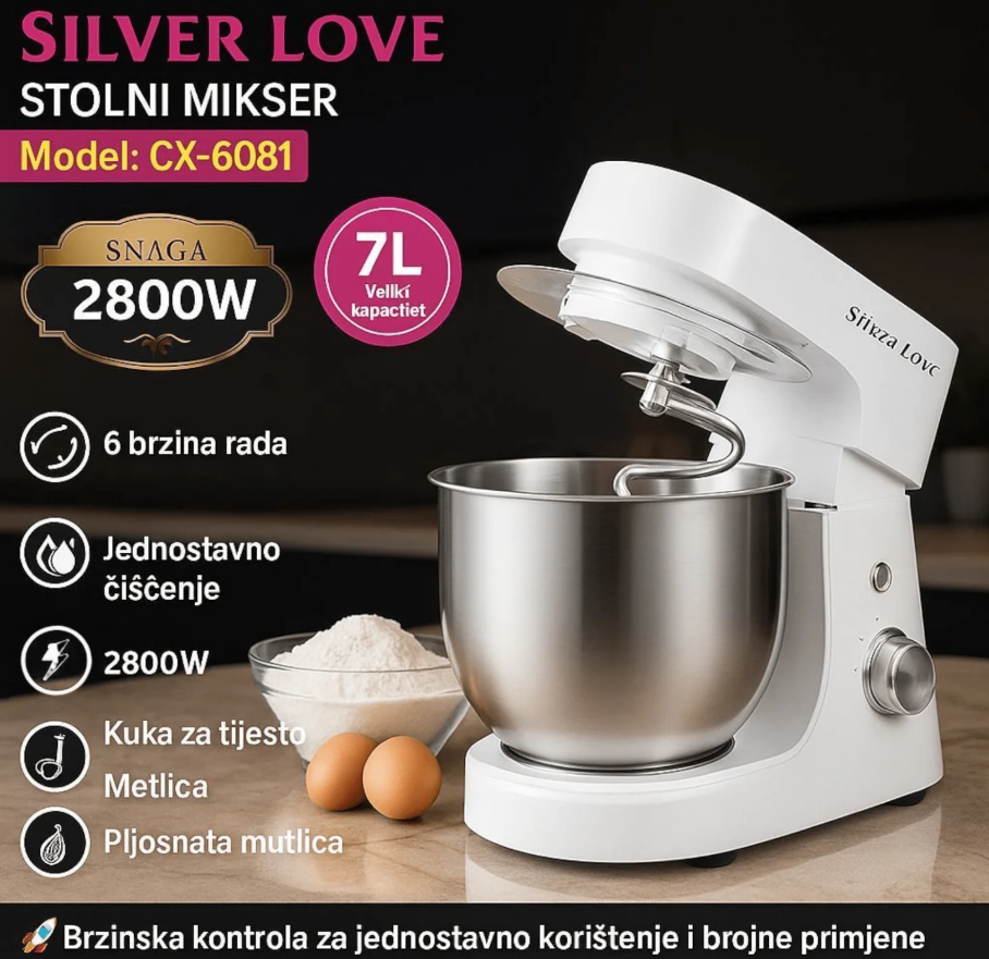 PROFESIONALNI STOLNI MIKSER 2800W – POSUDA 7L, 6 BRZINA I 3 NASTAVKA ZA MIJEŠANJE!