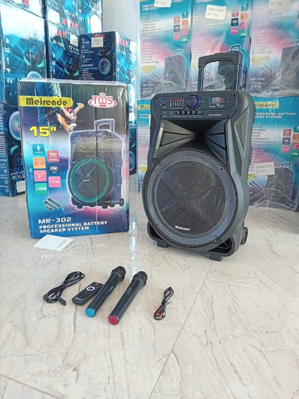 🔊🔥 MEIRENDE MR-302 – KARAOKE ZVUČNIK 2500W | 15” PARTY STUB + 2 BEŽIČNA MIKROFONA 🎤