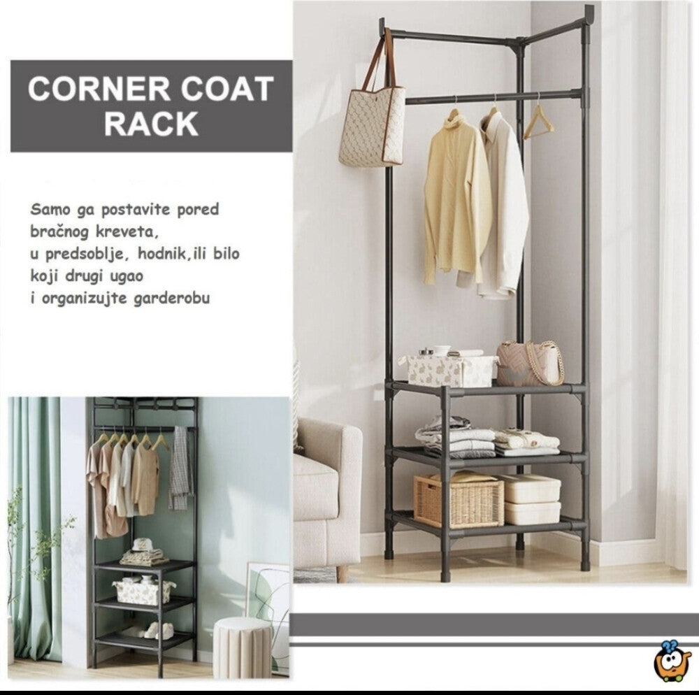 FUNKCIONALNI UGAONI ŠTENDER ZA GARDEROBU – INDUSTRIJSKI STIL 🔥