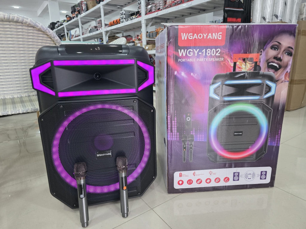 🔊🔥 WGY-1802 KARAOKE ZVUČNIK 18” – 80W | 2 BEŽIČNA MIKROFONA | RGB | TROLLEY 🎤