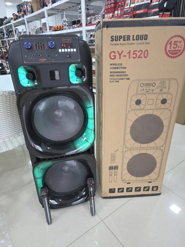 🔊🔥 BLUETOOTH ZVUČNIK GY-1520 SUPER LOUD – 2×15” | 2 BEŽIČNA MIKROFONA | PARTY BEAST 🎤
