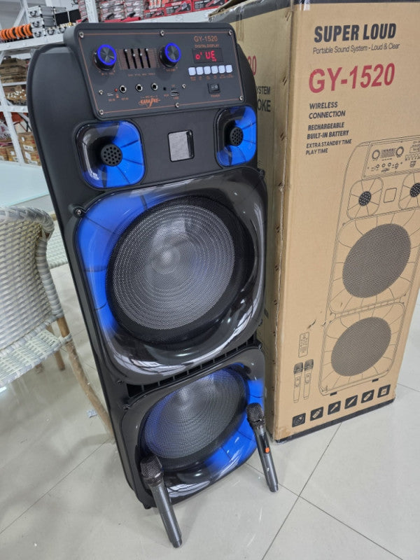 🔊🔥 BLUETOOTH ZVUČNIK GY-1520 SUPER LOUD – 2×15” | 2 BEŽIČNA MIKROFONA | PARTY BEAST 🎤