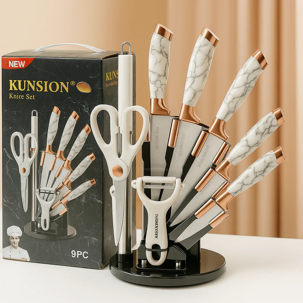 KUNSION 8‑dijelni set kuhinjskih noževa s rotirajućim postoljem