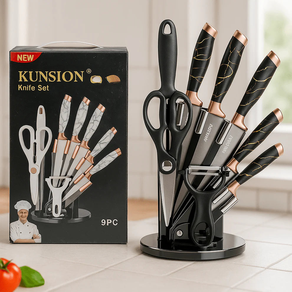 KUNSION 8‑dijelni set kuhinjskih noževa s rotirajućim postoljem